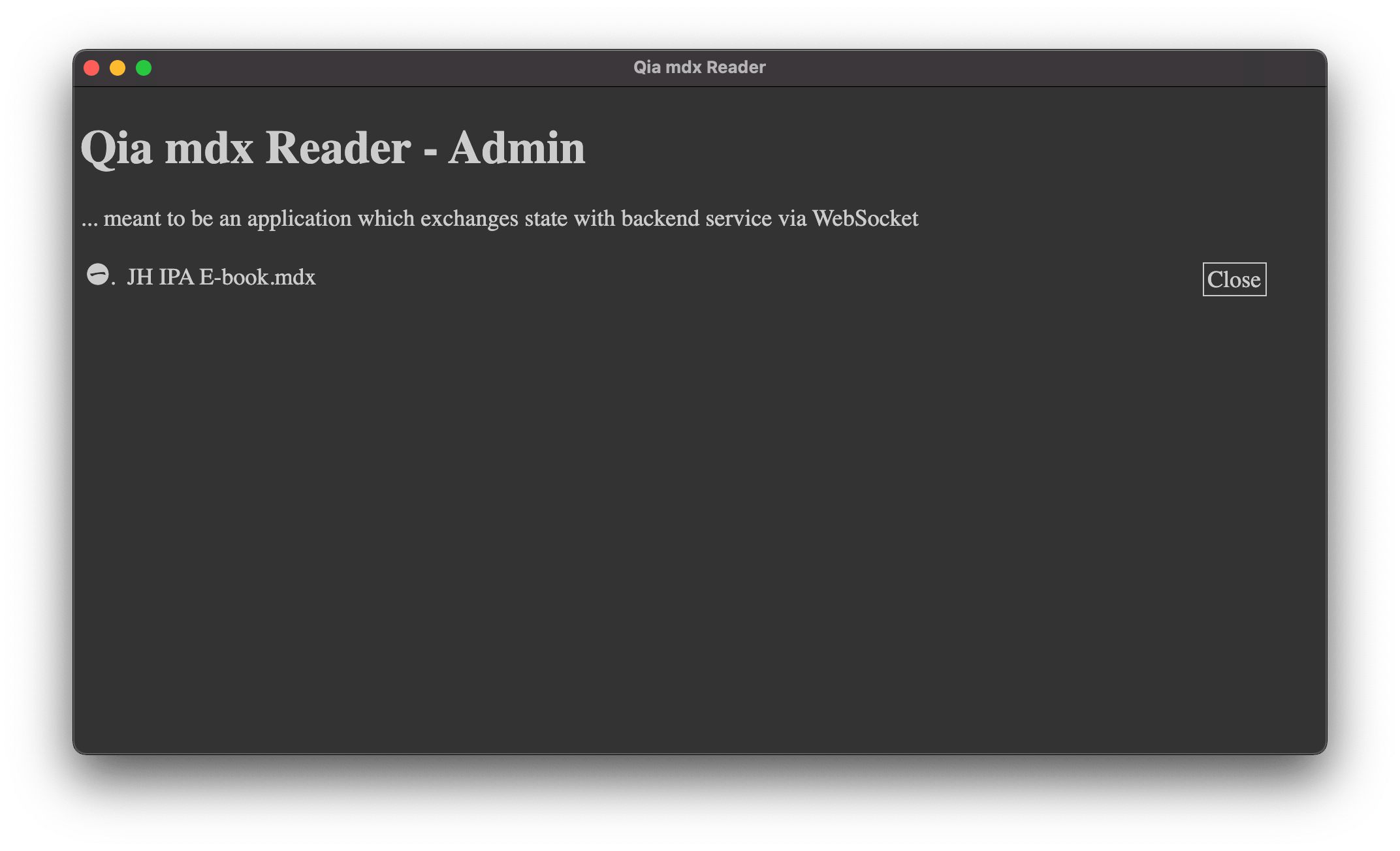 Qia mdx Reader - Launcher, in Dark Theme, on macOS